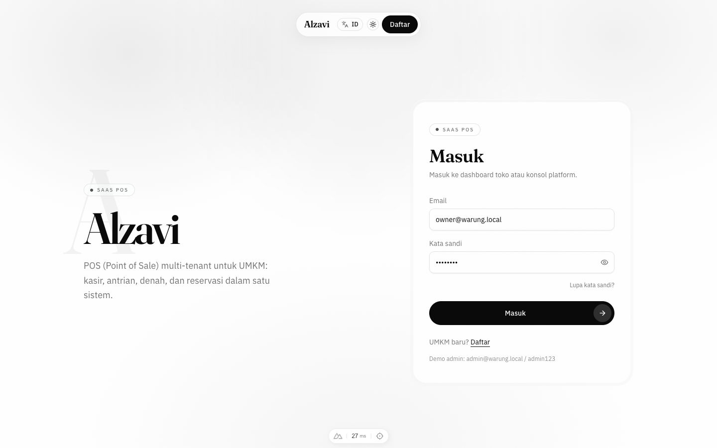 Halaman login Alzavi POS